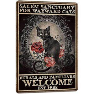 Salem Sanctuary For Wayward Halloween Black Cat Decor Metal Signs 8x12 Inches